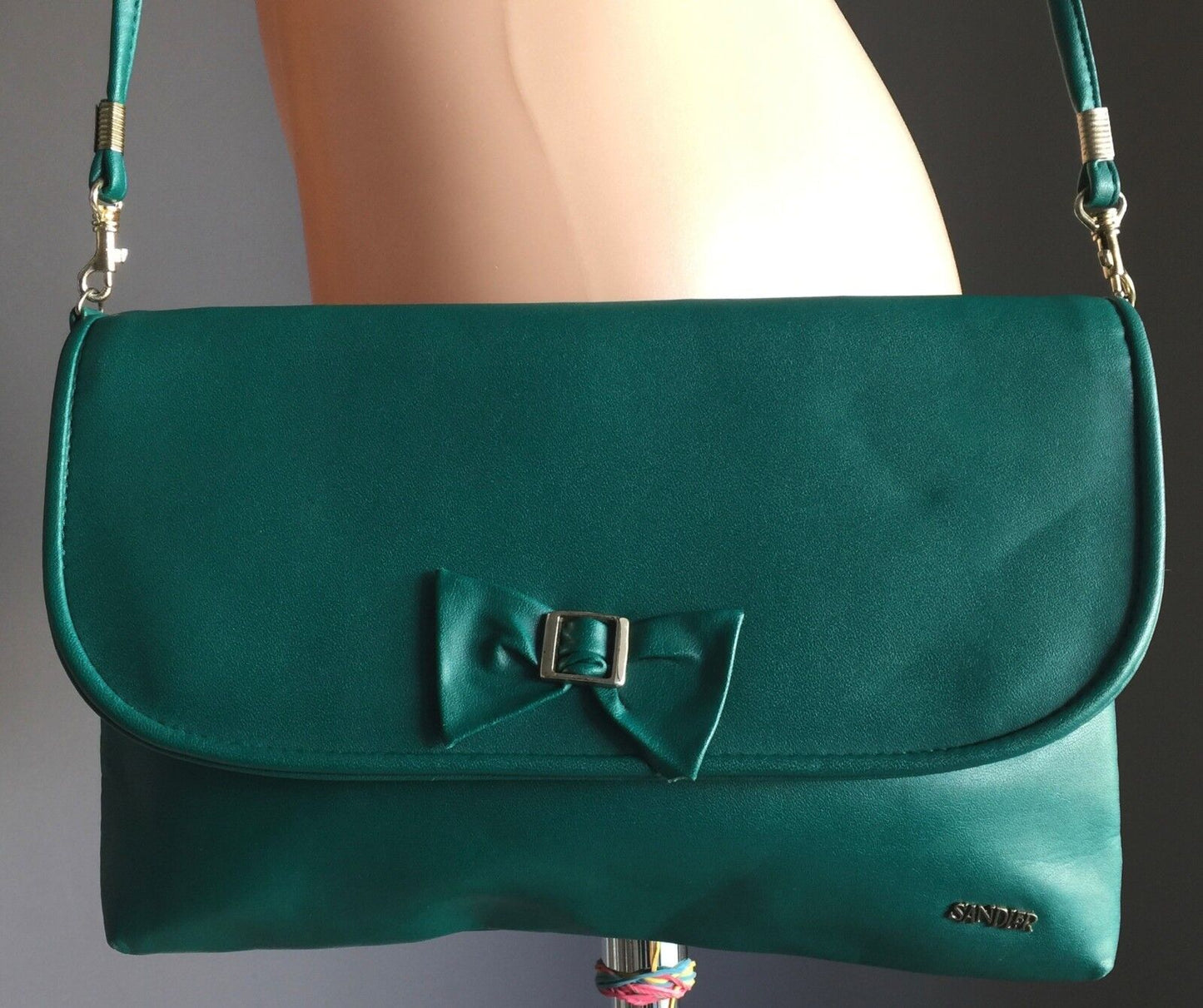 SANDLER Shoulder Bag Jade Green Handbag Pleather Envelope Clutch Bow Vintage