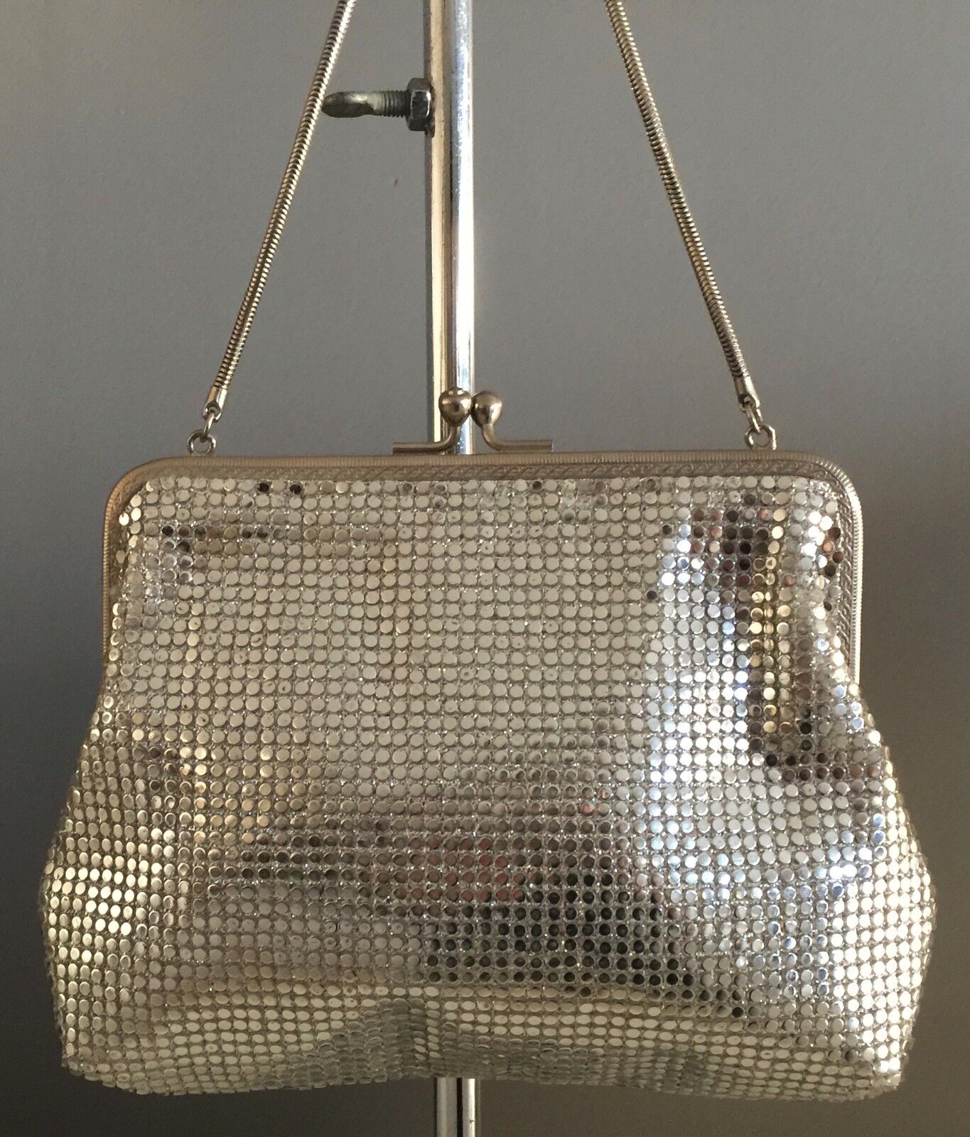 LANZA Italian Handbag Designed Silver Mesh Frame Bag Purse Vintage