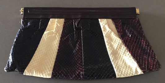 JANE SHILTON Handbag Snakeskin Leather Clutch Bag Brown & Cream Vintage