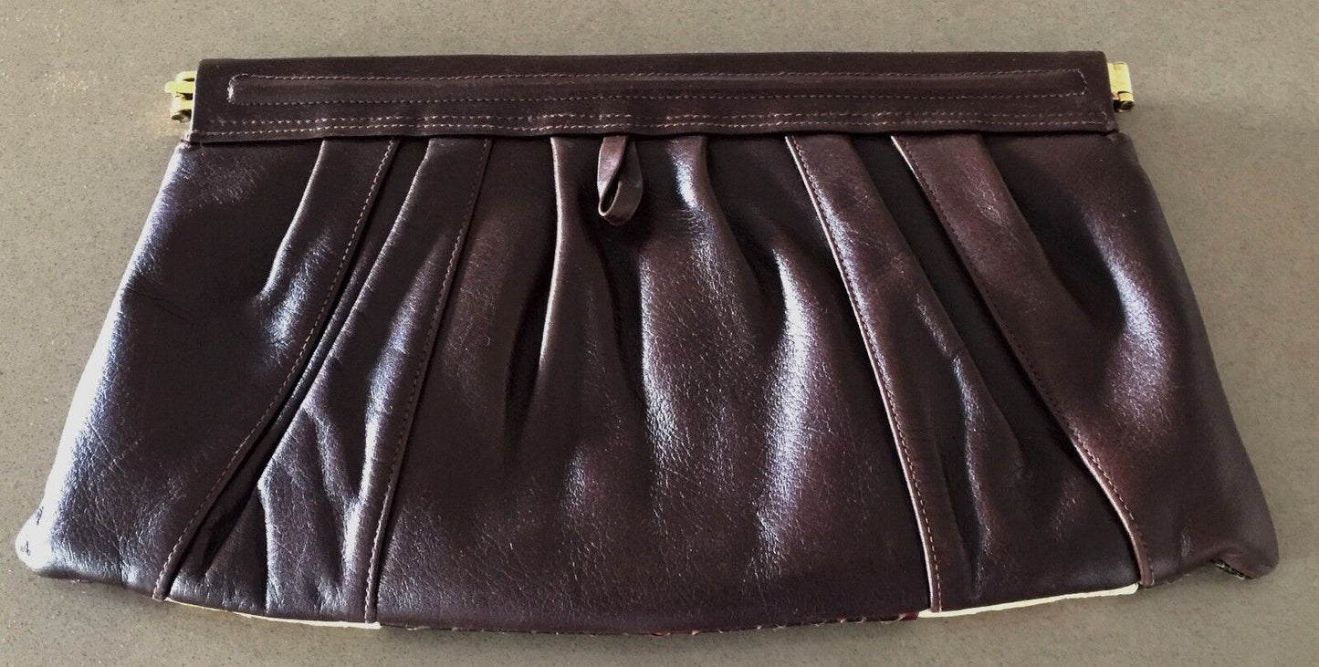 JANE SHILTON Handbag Snakeskin Leather Clutch Bag Brown & Cream Vintage