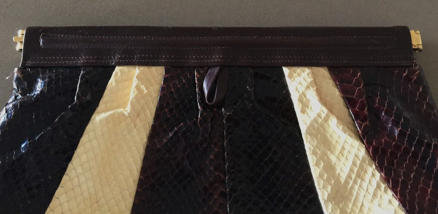 JANE SHILTON Handbag Snakeskin Leather Clutch Bag Brown & Cream Vintage