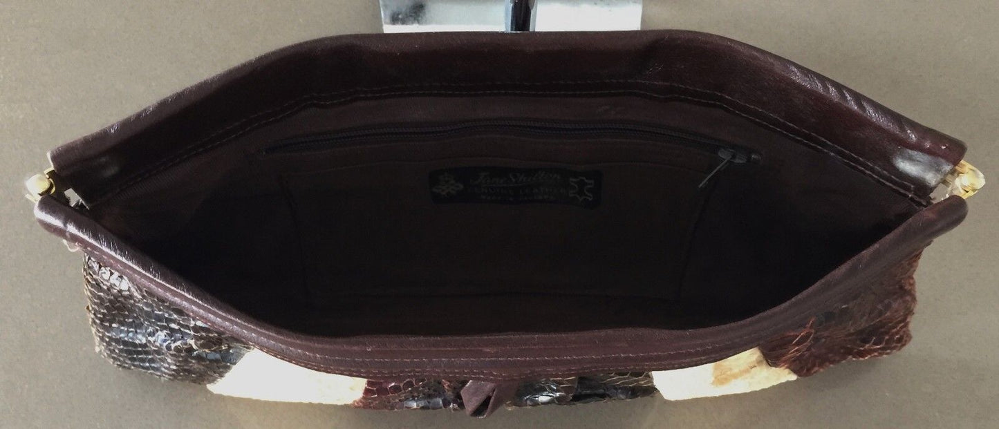 JANE SHILTON Handbag Snakeskin Leather Clutch Bag Brown & Cream Vintage
