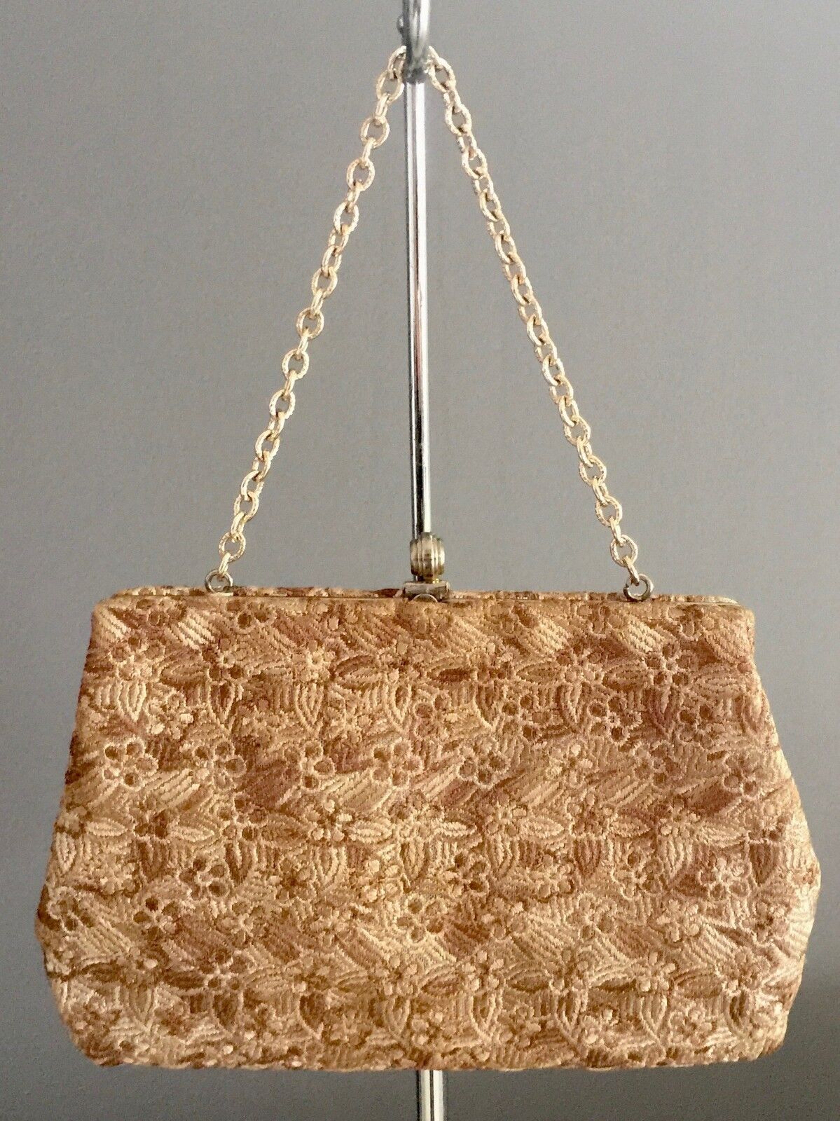 Vtg 70s FAIGEN Floral Brocade Frame Evening Bag Purse w Chain Gold Handbag