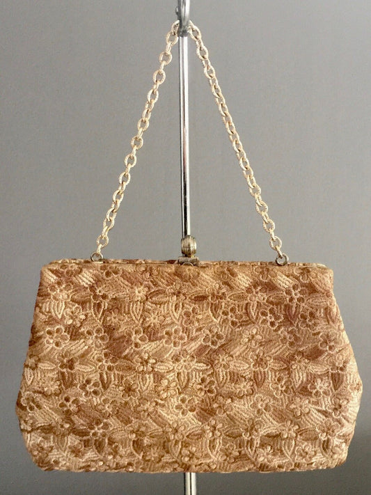 Vtg 70s FAIGEN Floral Brocade Frame Evening Bag Purse w Chain Gold Handbag
