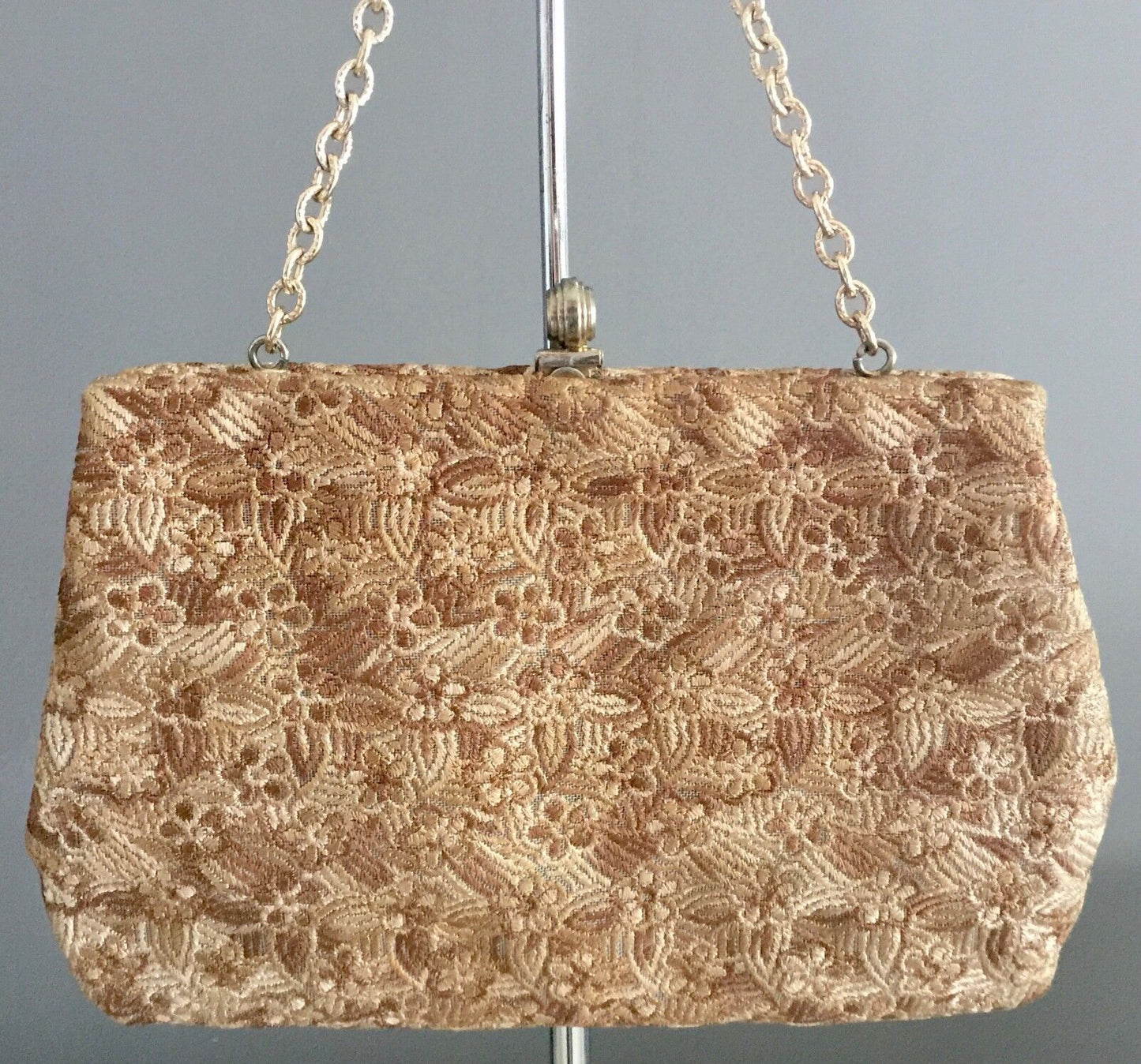 Vtg 70s FAIGEN Floral Brocade Frame Evening Bag Purse w Chain Gold Handbag