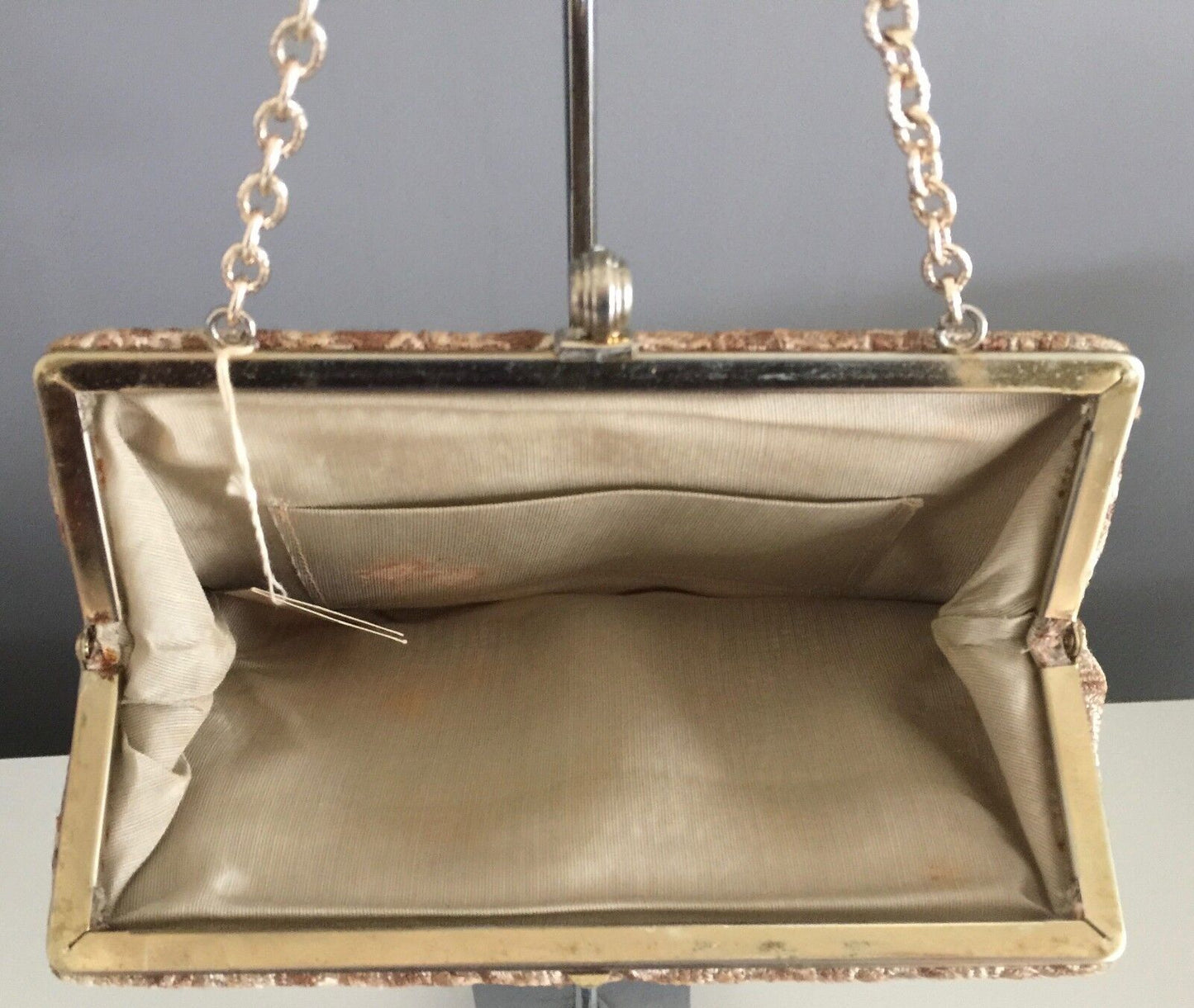 Vtg 70s FAIGEN Floral Brocade Frame Evening Bag Purse w Chain Gold Handbag
