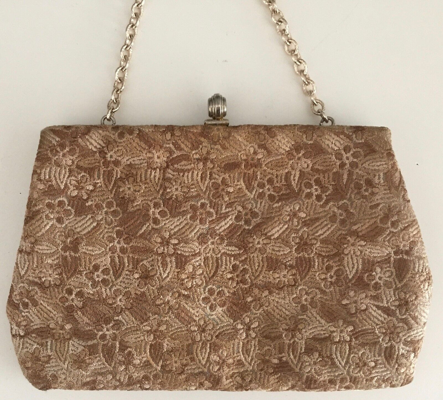 Vtg 70s FAIGEN Floral Brocade Frame Evening Bag Purse w Chain Gold Handbag