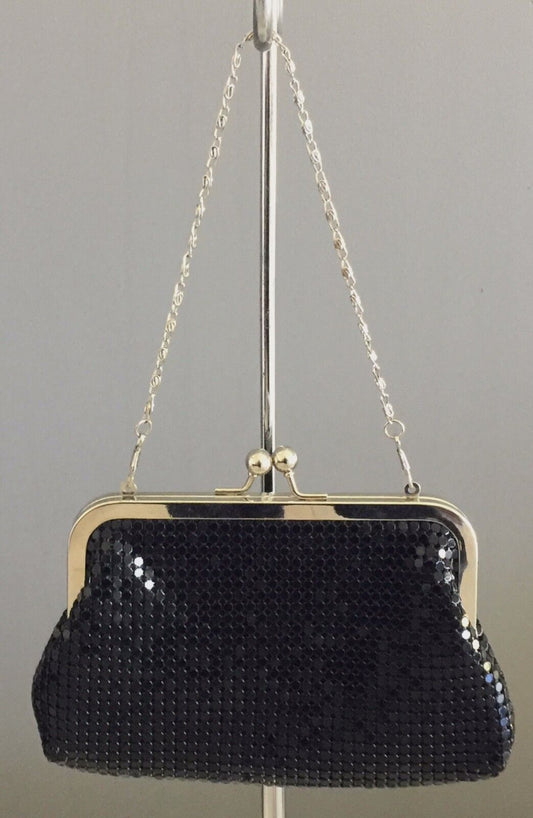 NATIO Black Aluminium Mesh Frame Clutch Hand Bag Short Chain Shoulder Strap NEW
