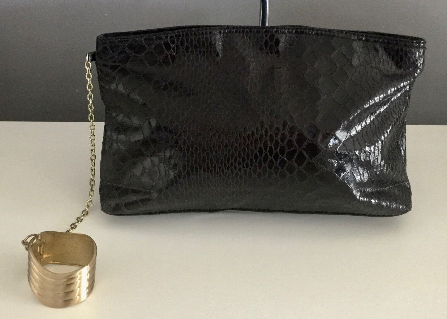 Clutch Bag Black Python Print w Attached Gold Chain & Metal Cuff Bracelet Retro