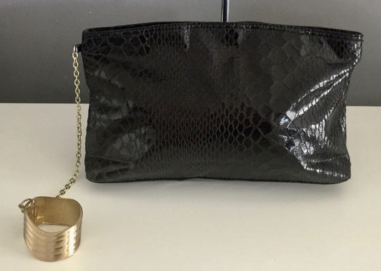 Clutch Bag Black Python Print w Attached Gold Chain & Metal Cuff Bracelet Retro