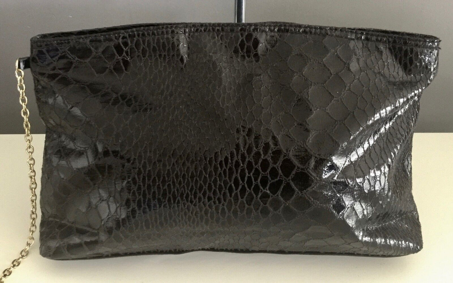 Clutch Bag Black Python Print w Attached Gold Chain & Metal Cuff Bracelet Retro