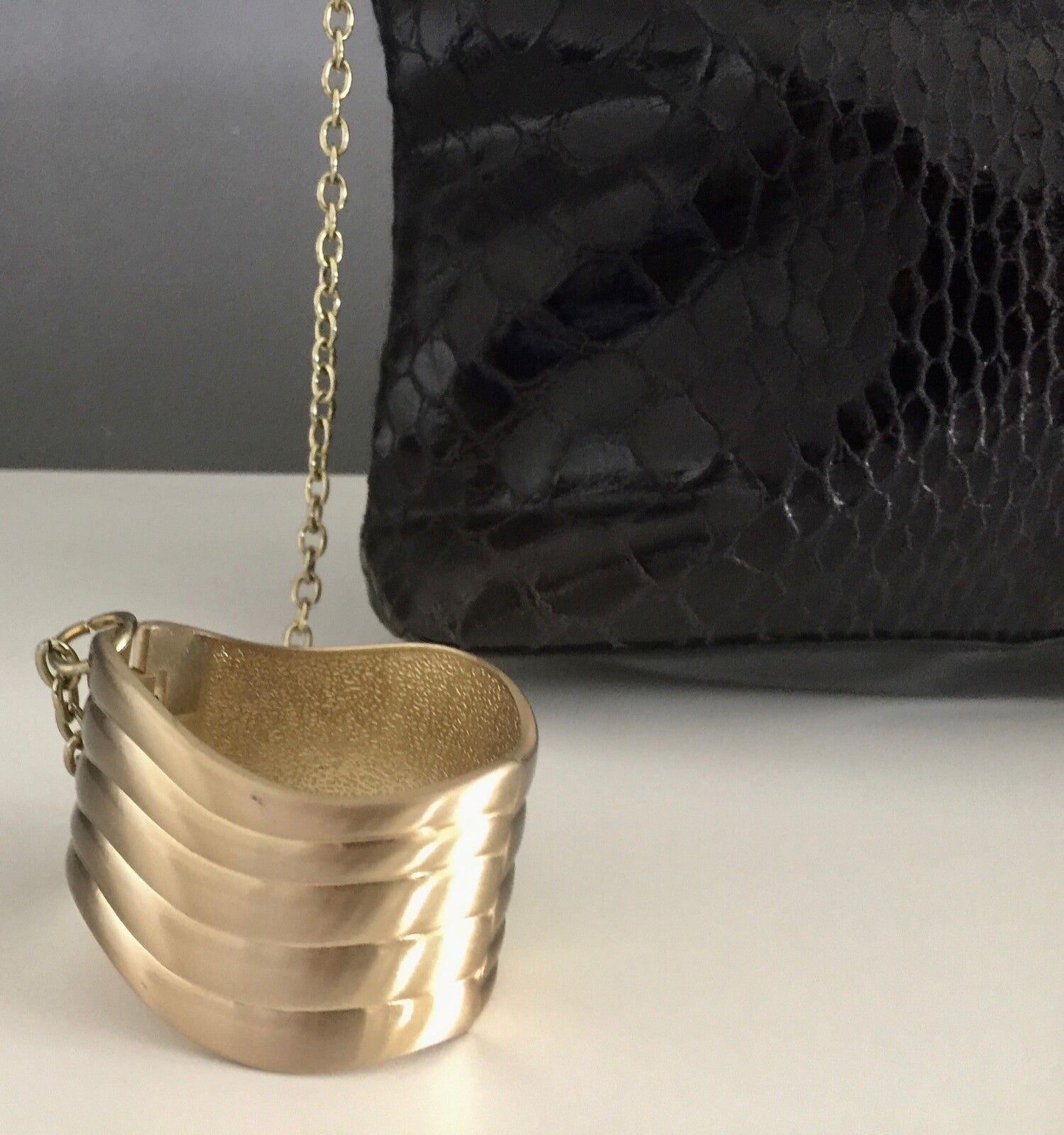 Clutch Bag Black Python Print w Attached Gold Chain & Metal Cuff Bracelet Retro