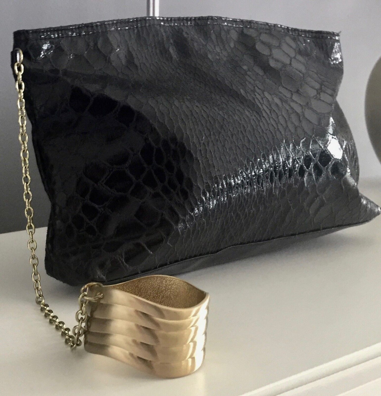Clutch Bag Black Python Print w Attached Gold Chain & Metal Cuff Bracelet Retro