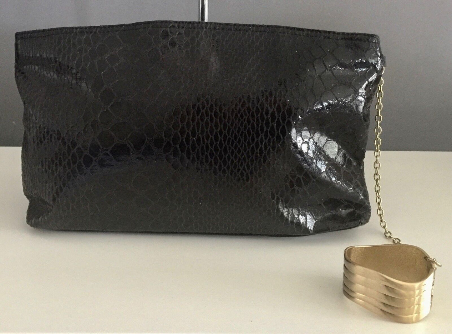Clutch Bag Black Python Print w Attached Gold Chain & Metal Cuff Bracelet Retro