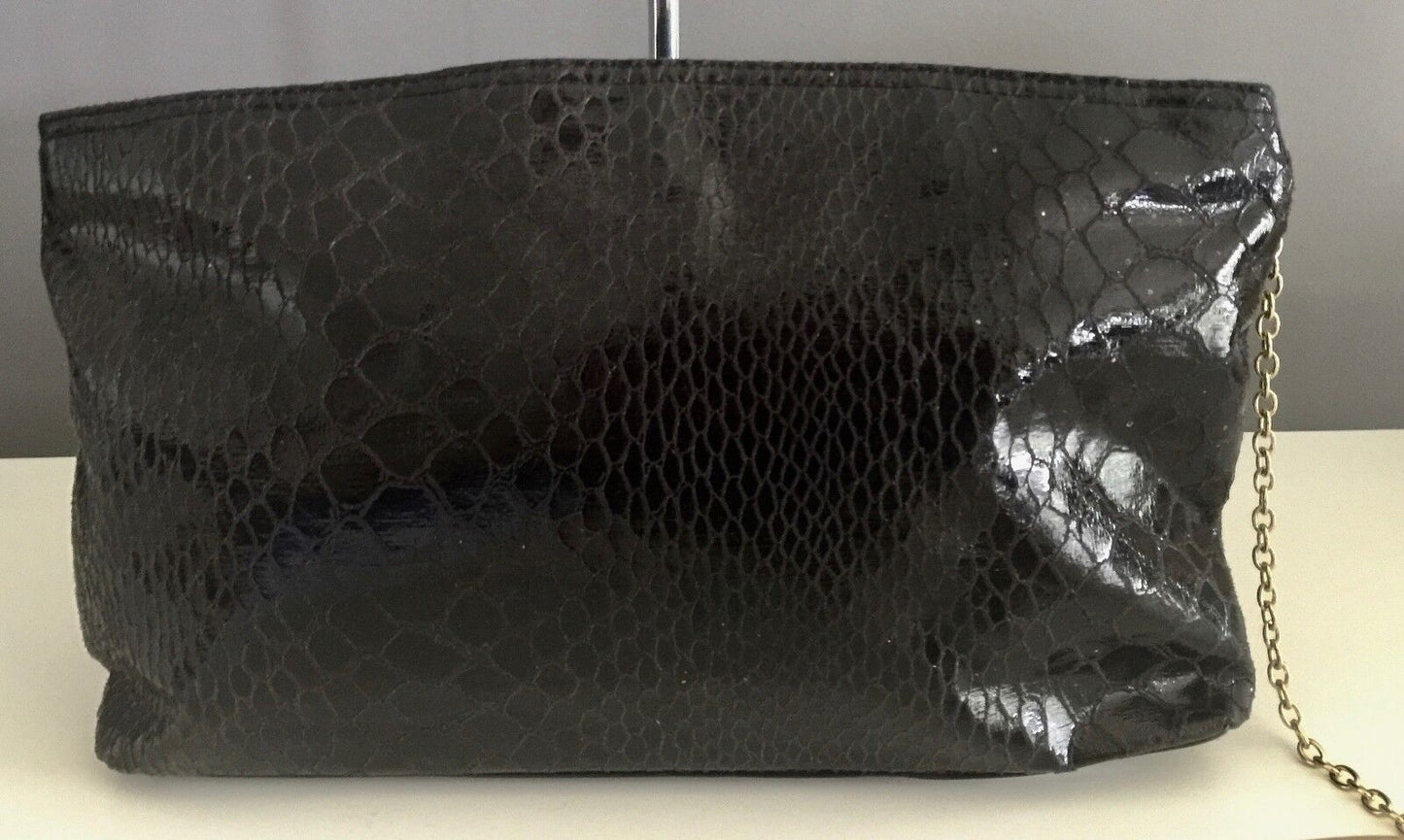 Clutch Bag Black Python Print w Attached Gold Chain & Metal Cuff Bracelet Retro