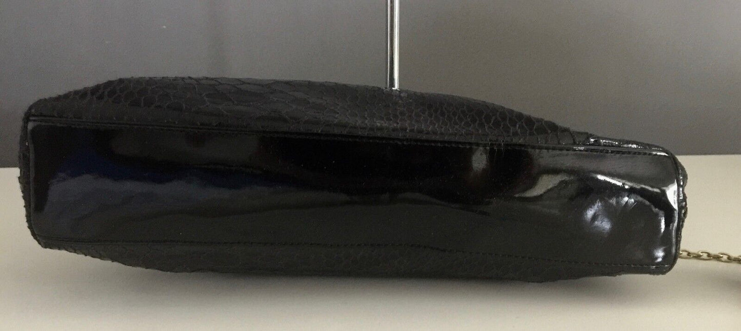 Clutch Bag Black Python Print w Attached Gold Chain & Metal Cuff Bracelet Retro