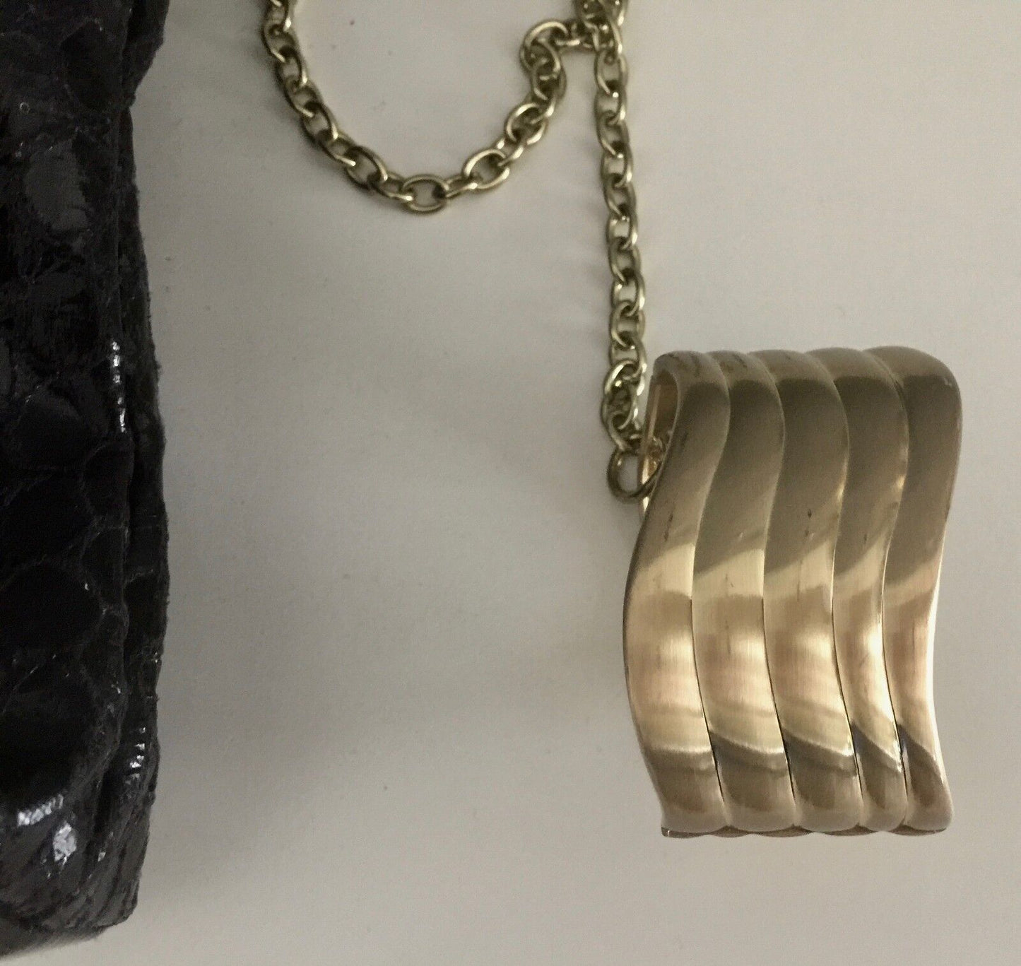 Clutch Bag Black Python Print w Attached Gold Chain & Metal Cuff Bracelet Retro