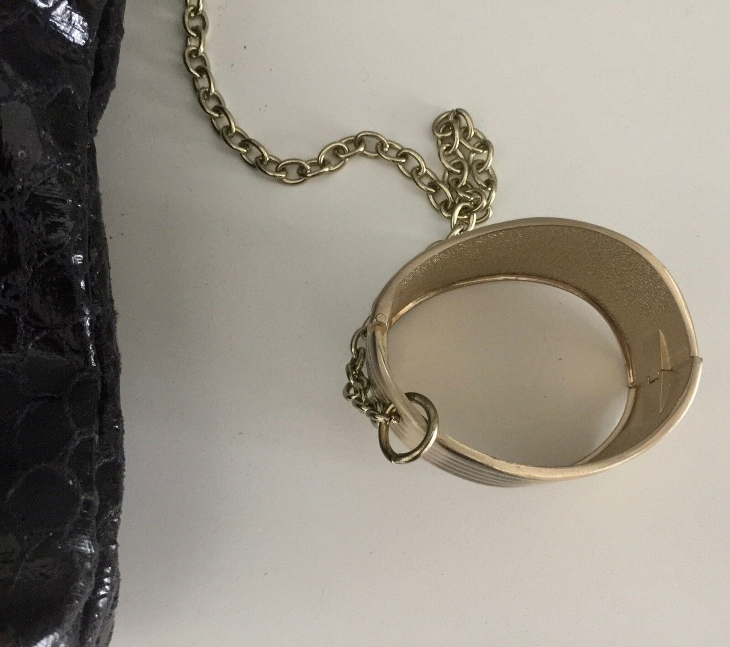 Clutch Bag Black Python Print w Attached Gold Chain & Metal Cuff Bracelet Retro