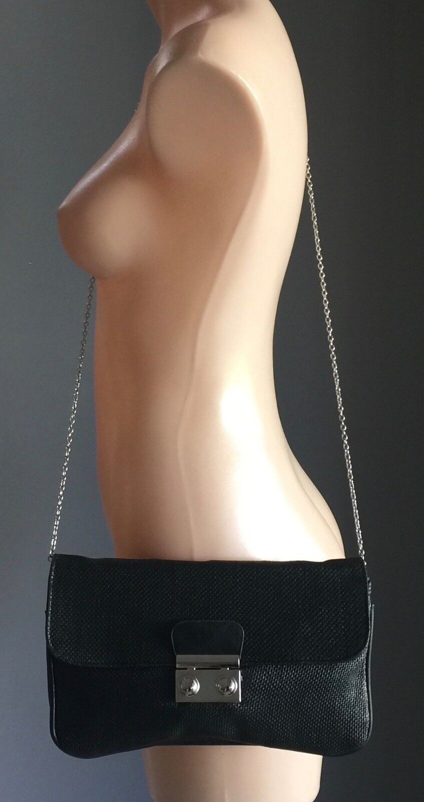 Vintage Envelope Clutch HandBag Black Woven Texture Shoulder Bag w Chain