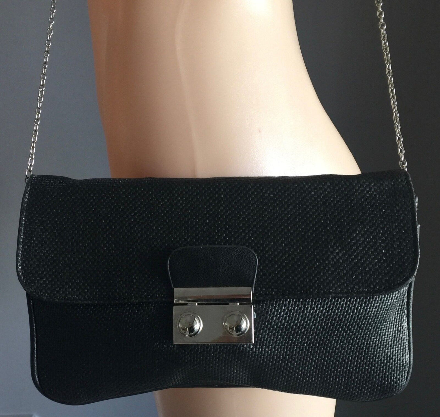 Vintage Envelope Clutch HandBag Black Woven Texture Shoulder Bag w Chain