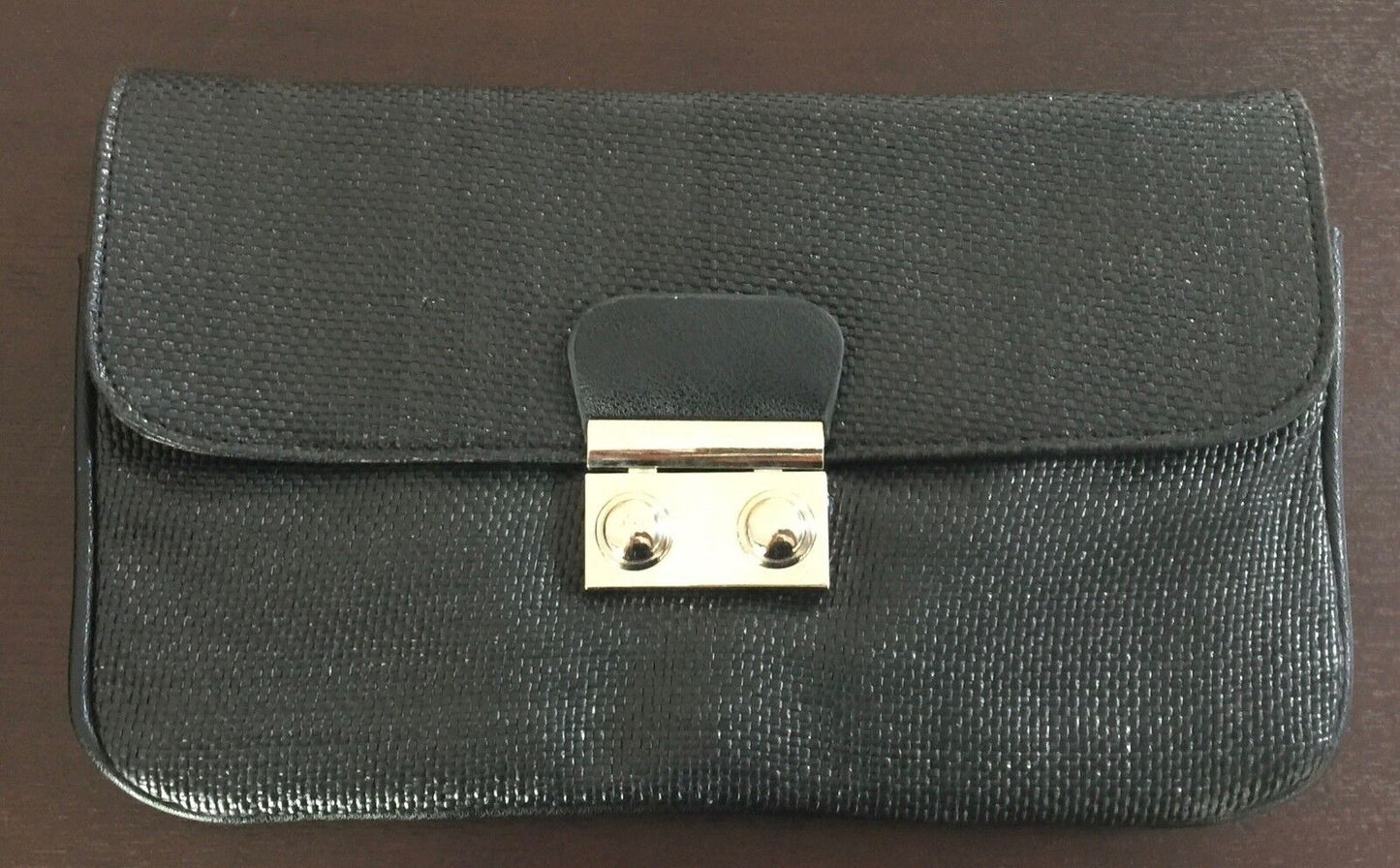 Vintage Envelope Clutch HandBag Black Woven Texture Shoulder Bag w Chain