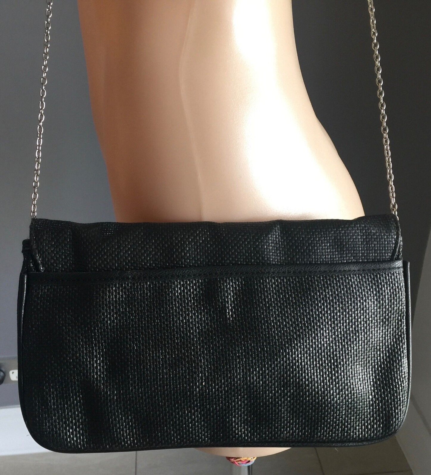 Vintage Envelope Clutch HandBag Black Woven Texture Shoulder Bag w Chain