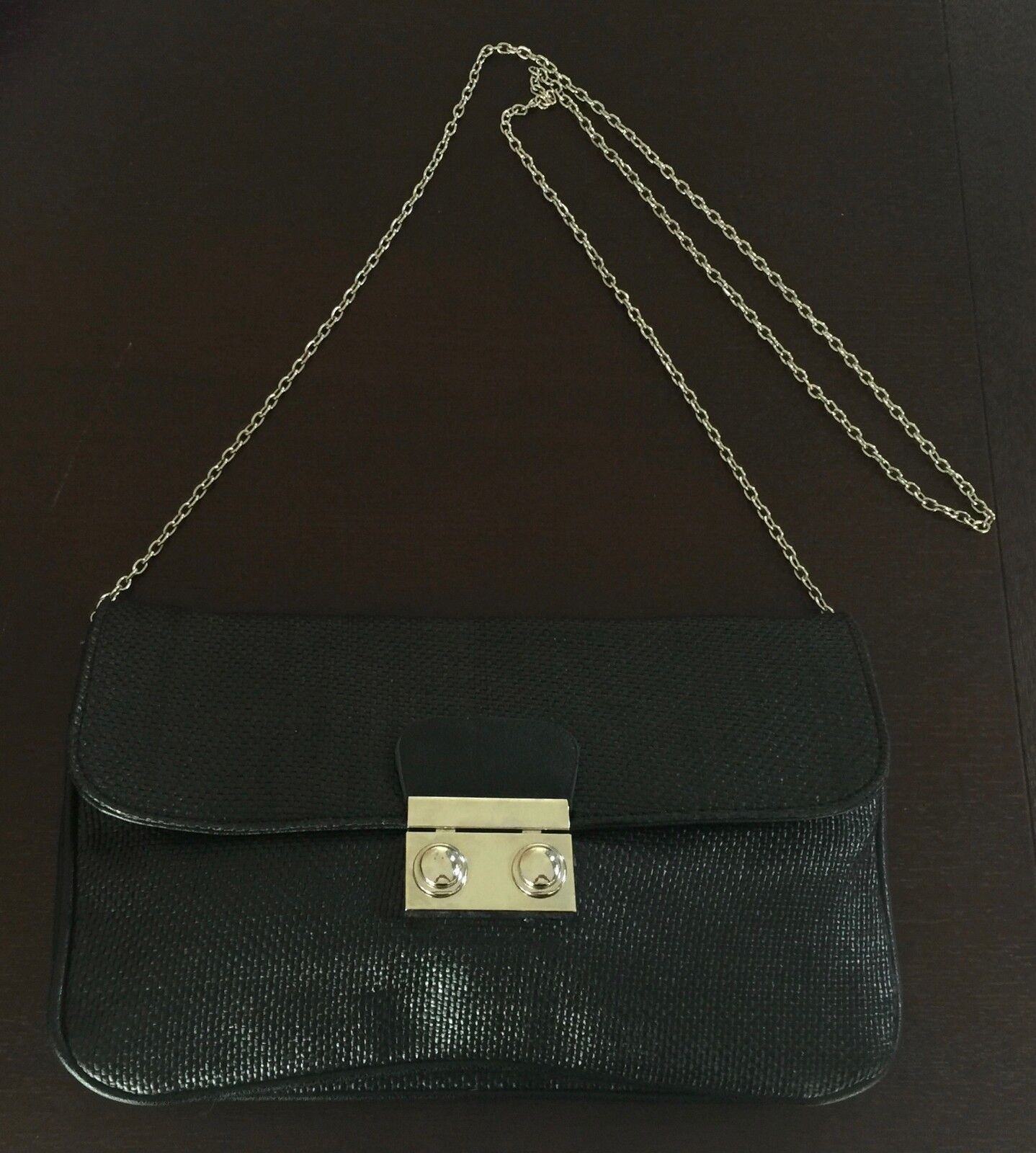 Vintage Envelope Clutch HandBag Black Woven Texture Shoulder Bag w Chain