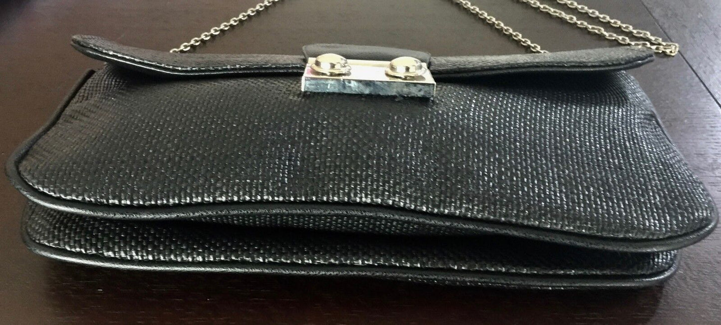 Vintage Envelope Clutch HandBag Black Woven Texture Shoulder Bag w Chain