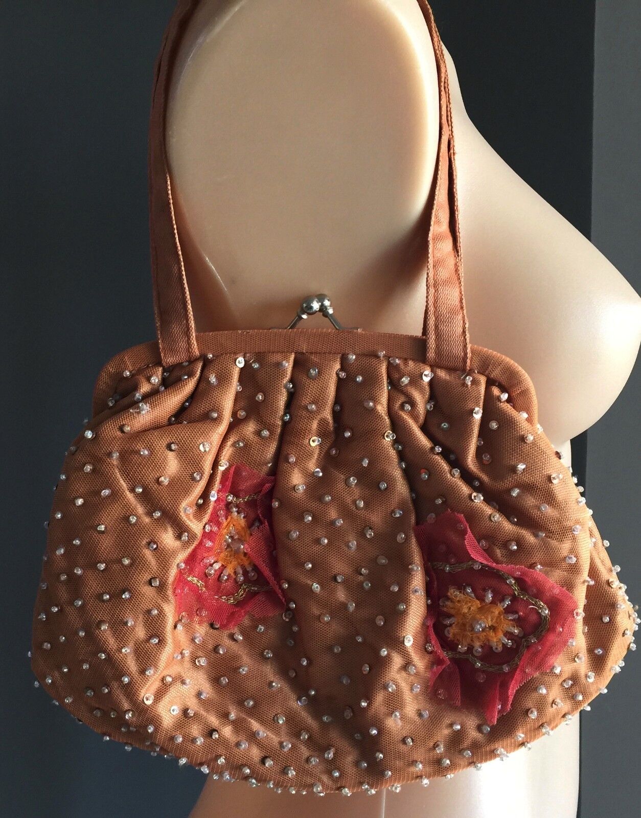 Evening Bag Purse Peach Sequin & Bead Floral Pleated Handbag Retro Vintage Look