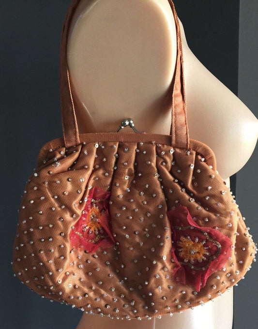 Evening Bag Purse Peach Sequin & Bead Floral Pleated Handbag Retro Vintage Look