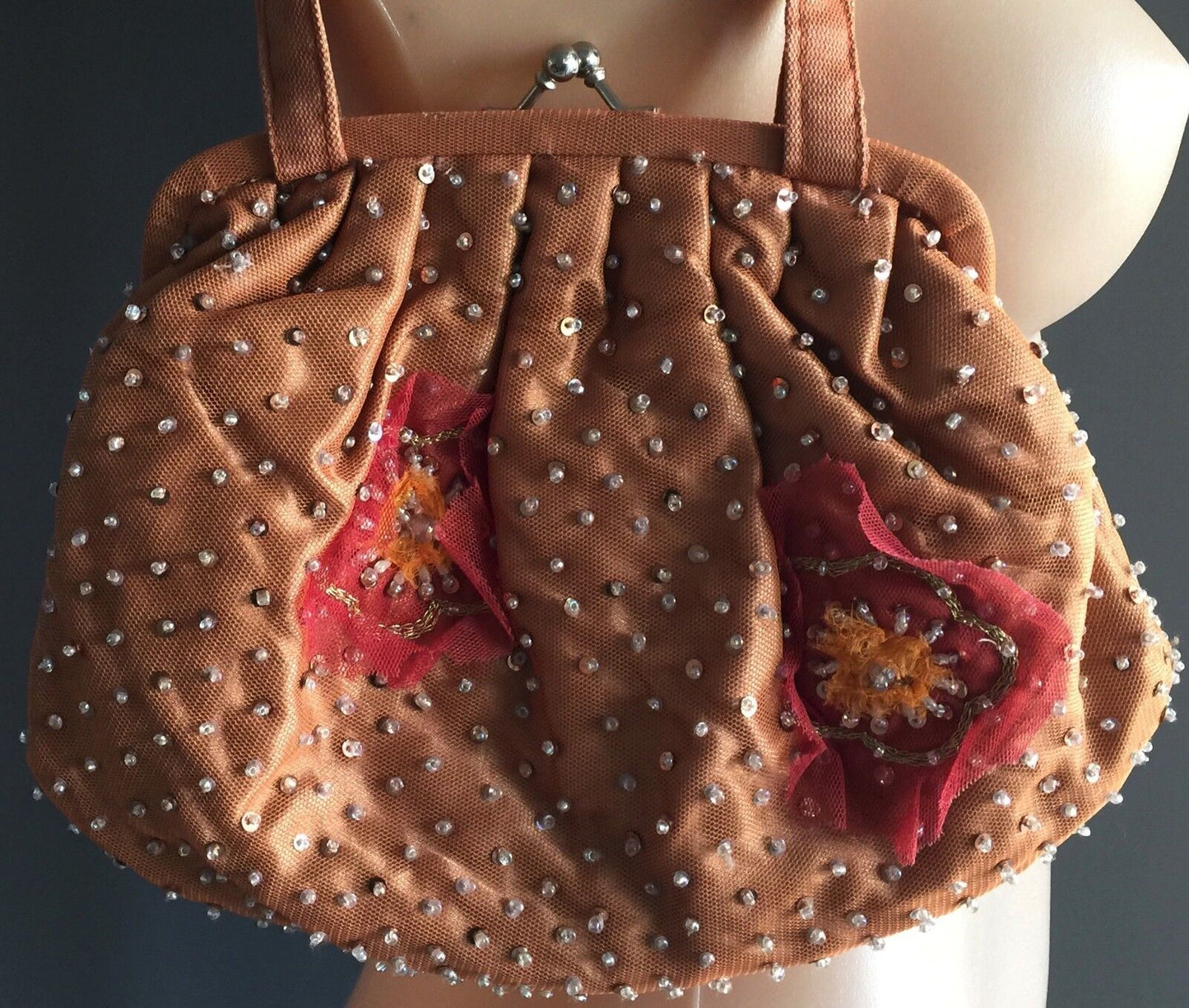 Evening Bag Purse Peach Sequin & Bead Floral Pleated Handbag Retro Vintage Look