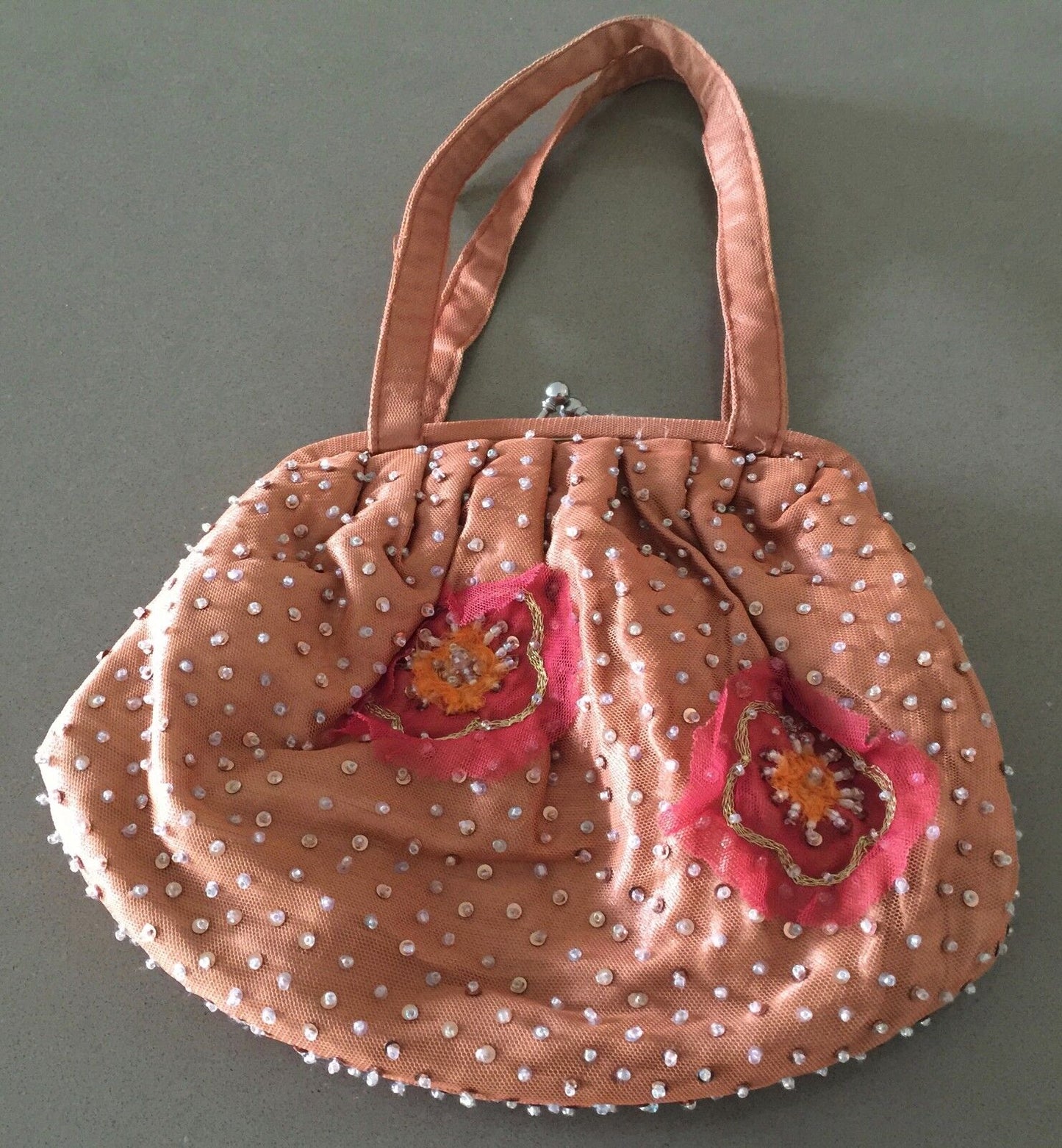 Evening Bag Purse Peach Sequin & Bead Floral Pleated Handbag Retro Vintage Look