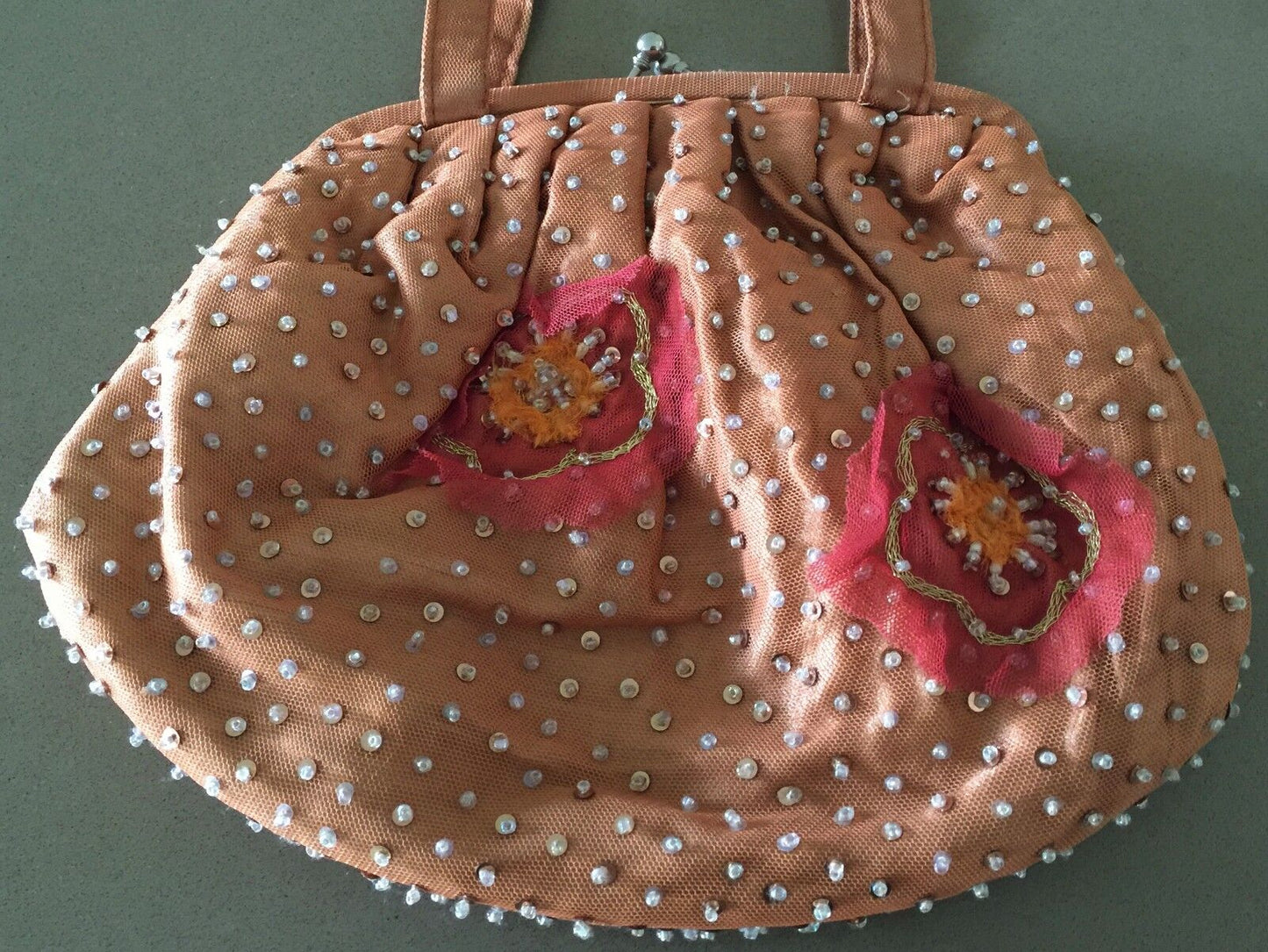 Evening Bag Purse Peach Sequin & Bead Floral Pleated Handbag Retro Vintage Look