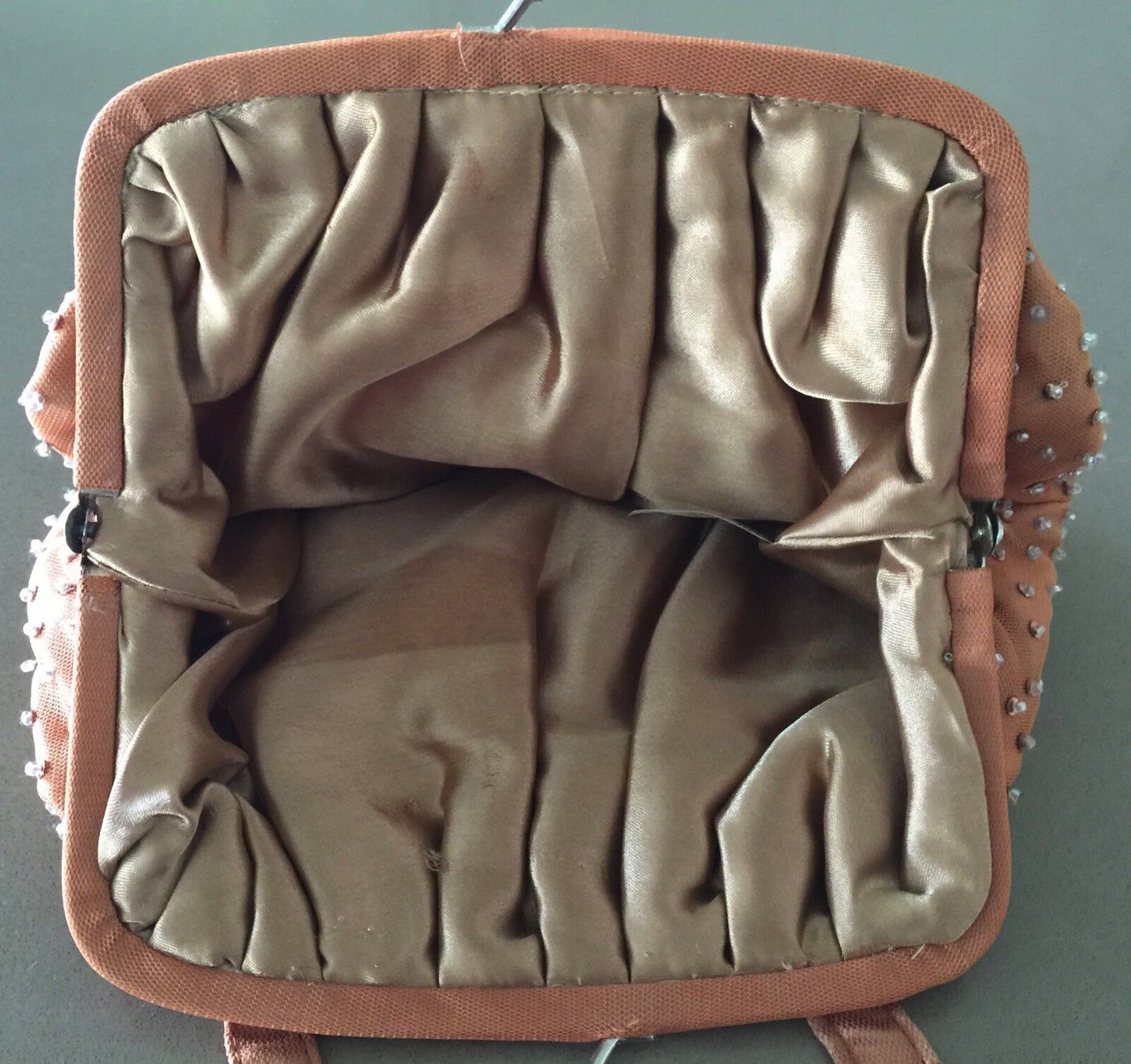 Evening Bag Purse Peach Sequin & Bead Floral Pleated Handbag Retro Vintage Look