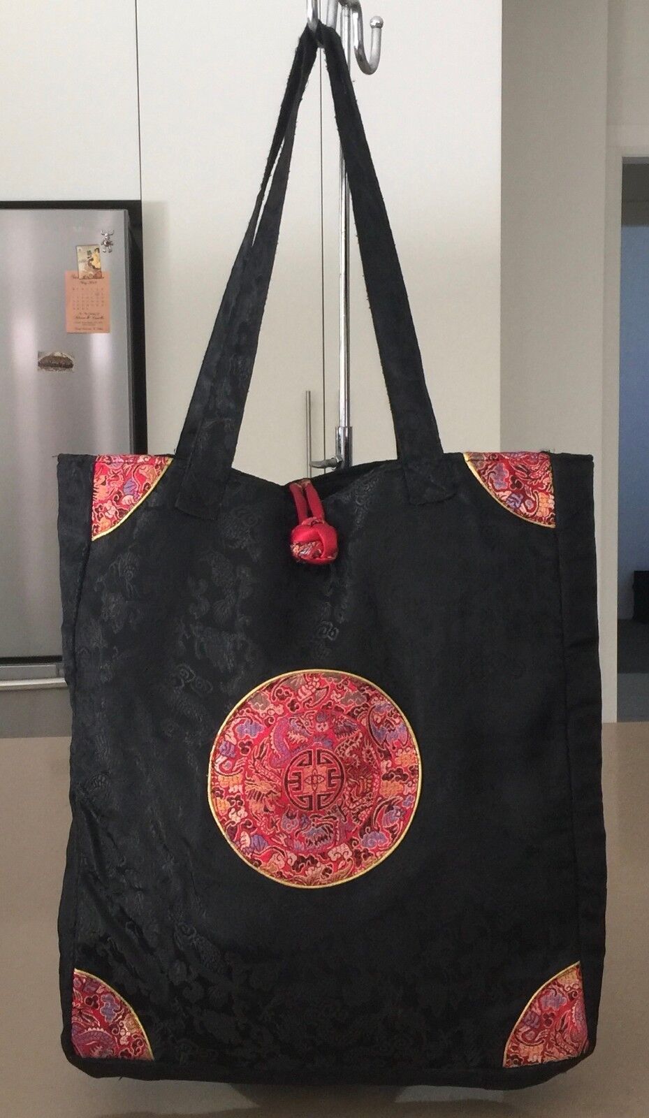 Oriental Satin Bag Black Colourful Chinese Short Handle Lined Tote Shopper NEW