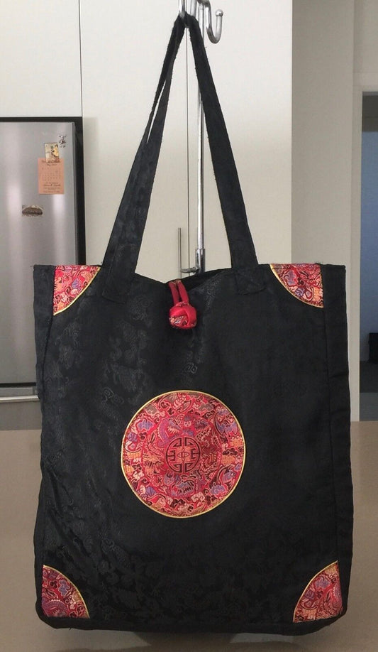 Oriental Satin Bag Black Colourful Chinese Short Handle Lined Tote Shopper NEW