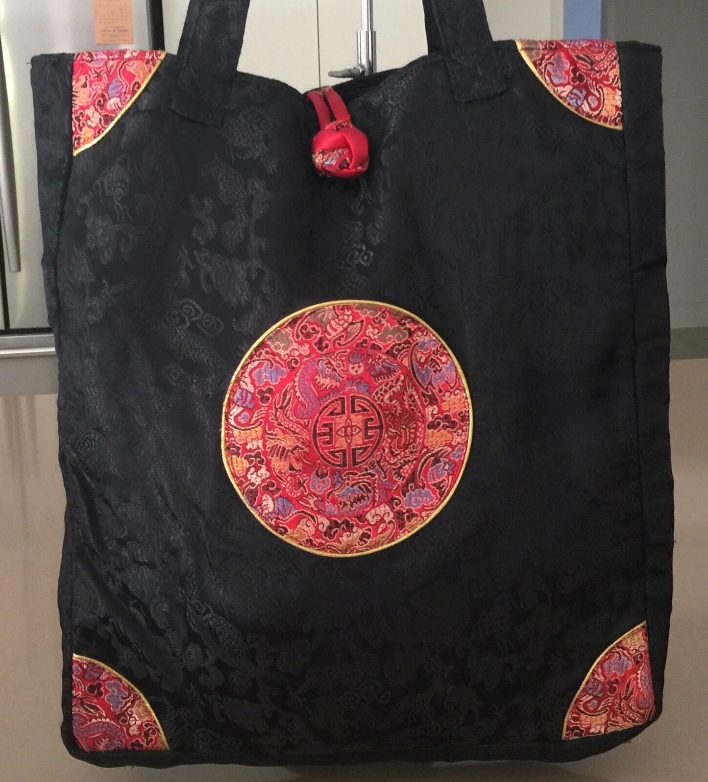 Oriental Satin Bag Black Colourful Chinese Short Handle Lined Tote Shopper NEW