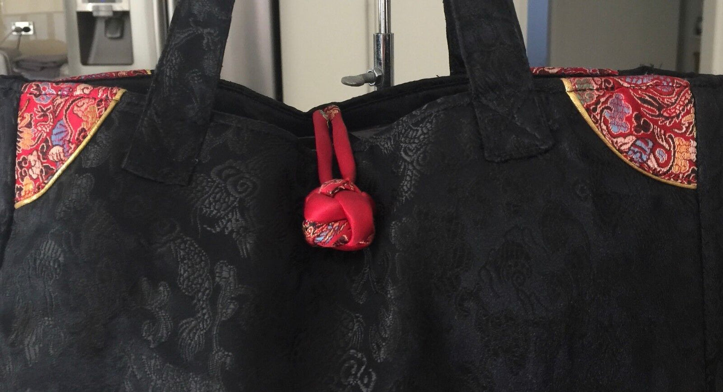Oriental Satin Bag Black Colourful Chinese Short Handle Lined Tote Shopper NEW