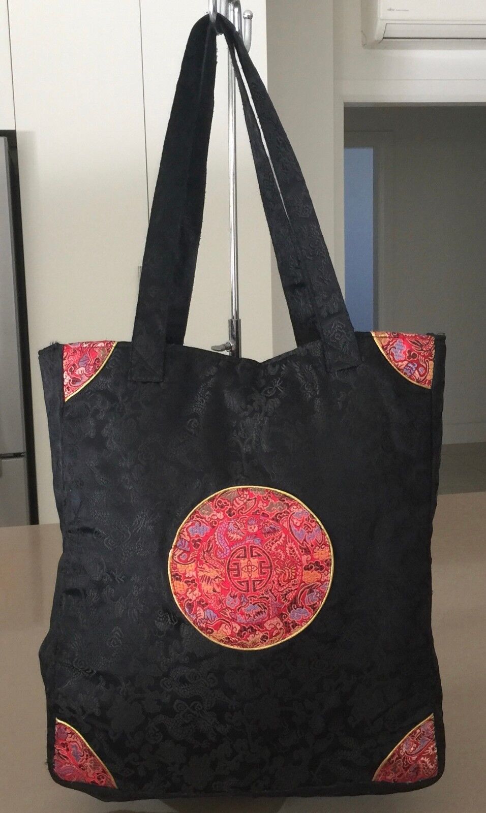 Oriental Satin Bag Black Colourful Chinese Short Handle Lined Tote Shopper NEW