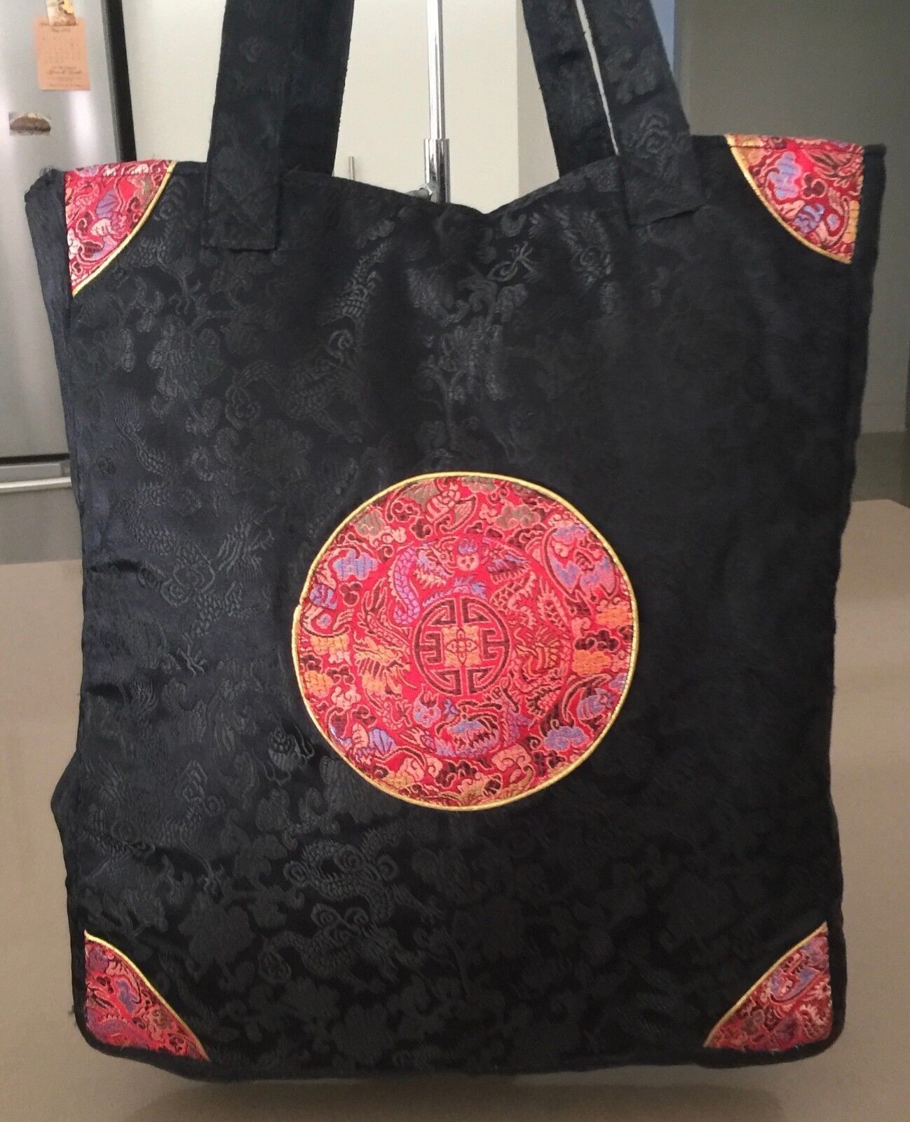 Oriental Satin Bag Black Colourful Chinese Short Handle Lined Tote Shopper NEW