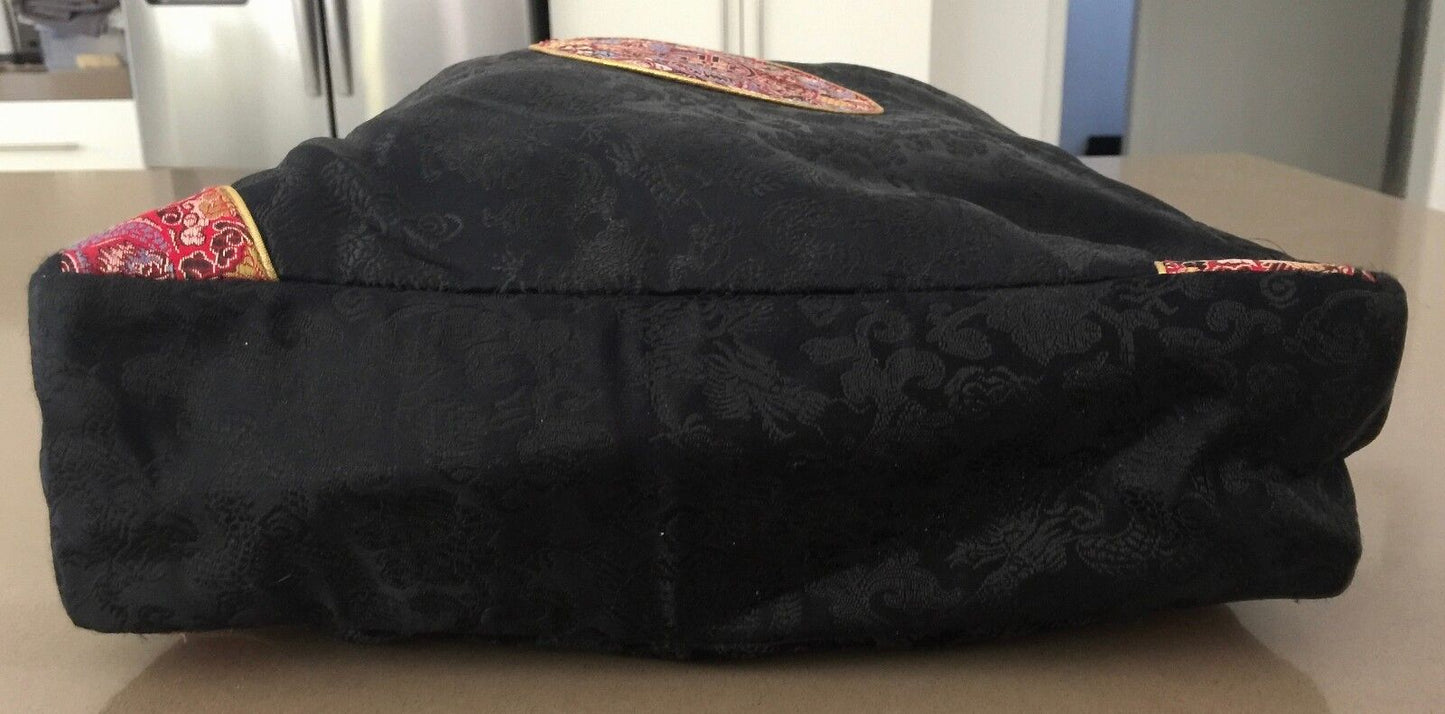 Oriental Satin Bag Black Colourful Chinese Short Handle Lined Tote Shopper NEW