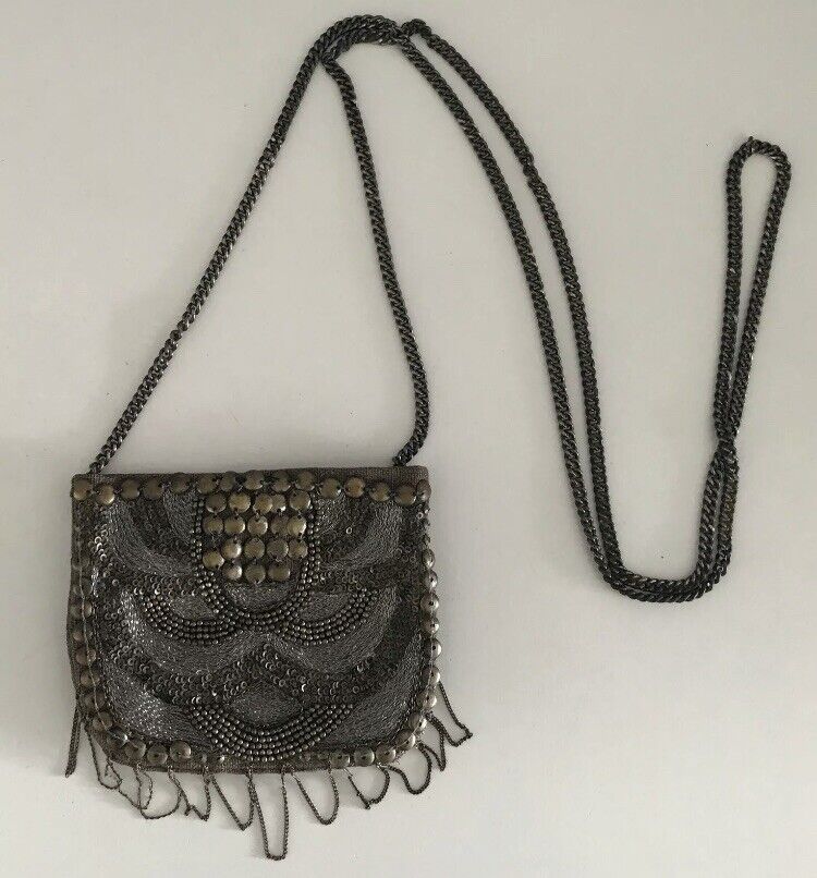 SPORTSGIRL Bag Cross Body Small Purse Brass Bronze Silver Sequin & Bead on Chain