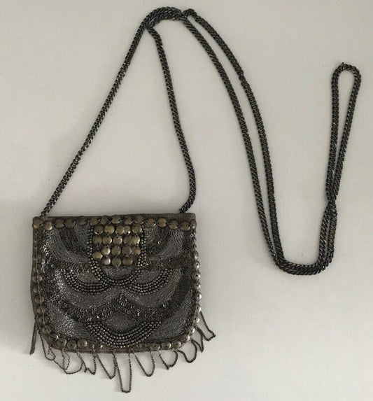 SPORTSGIRL Bag Cross Body Small Purse Brass Bronze Silver Sequin & Bead on Chain