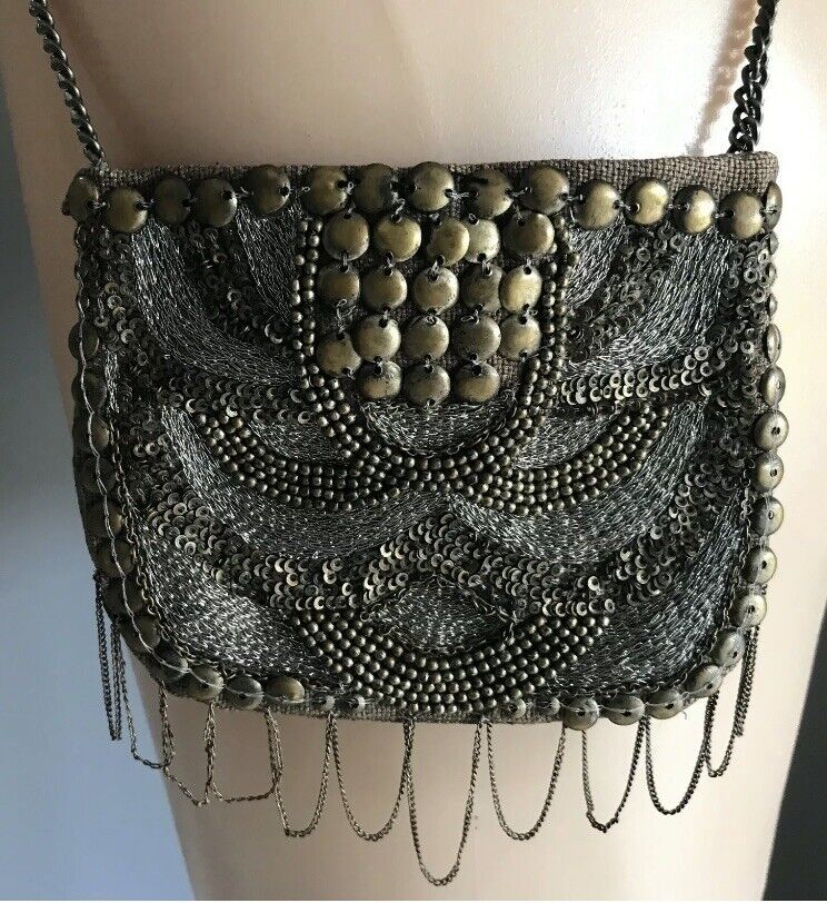 SPORTSGIRL Bag Cross Body Small Purse Brass Bronze Silver Sequin & Bead on Chain