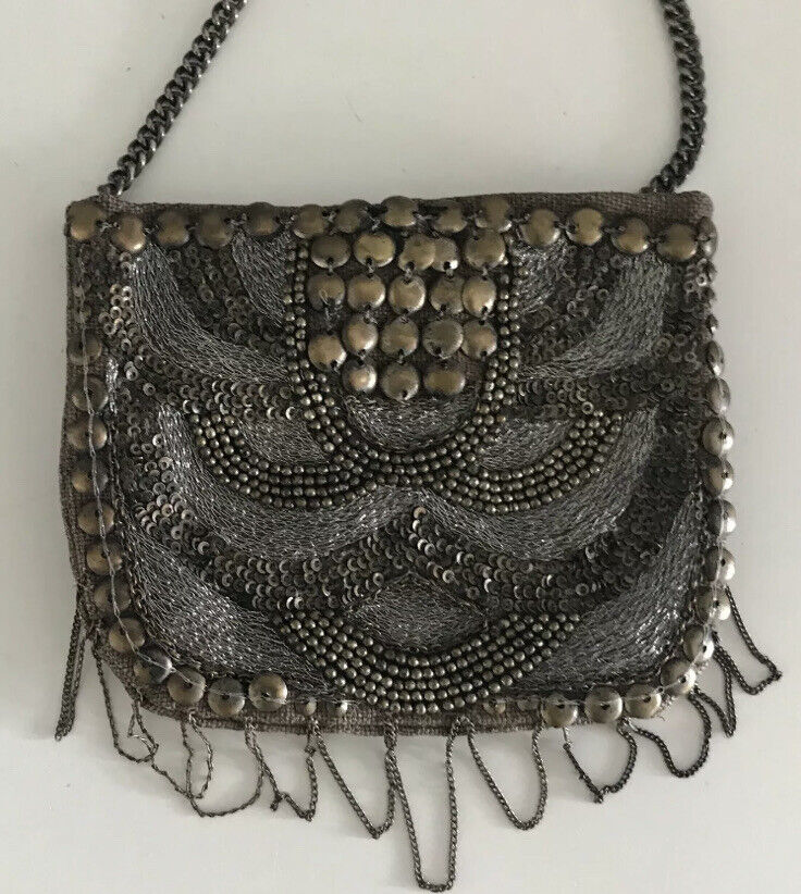 SPORTSGIRL Bag Cross Body Small Purse Brass Bronze Silver Sequin & Bead on Chain