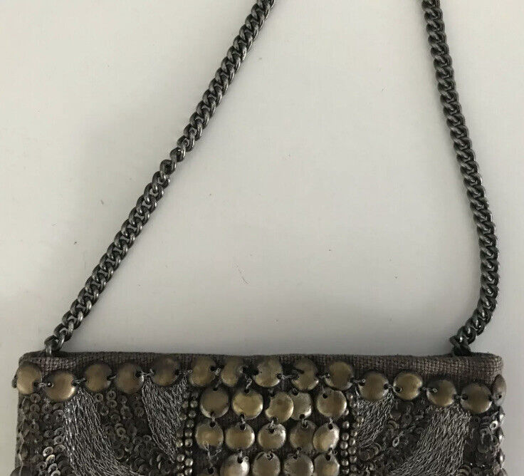 SPORTSGIRL Bag Cross Body Small Purse Brass Bronze Silver Sequin & Bead on Chain