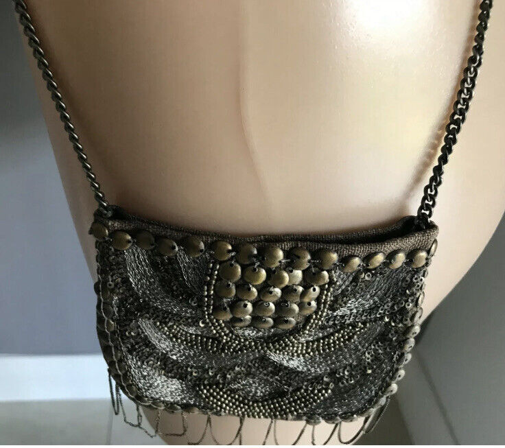 SPORTSGIRL Bag Cross Body Small Purse Brass Bronze Silver Sequin & Bead on Chain