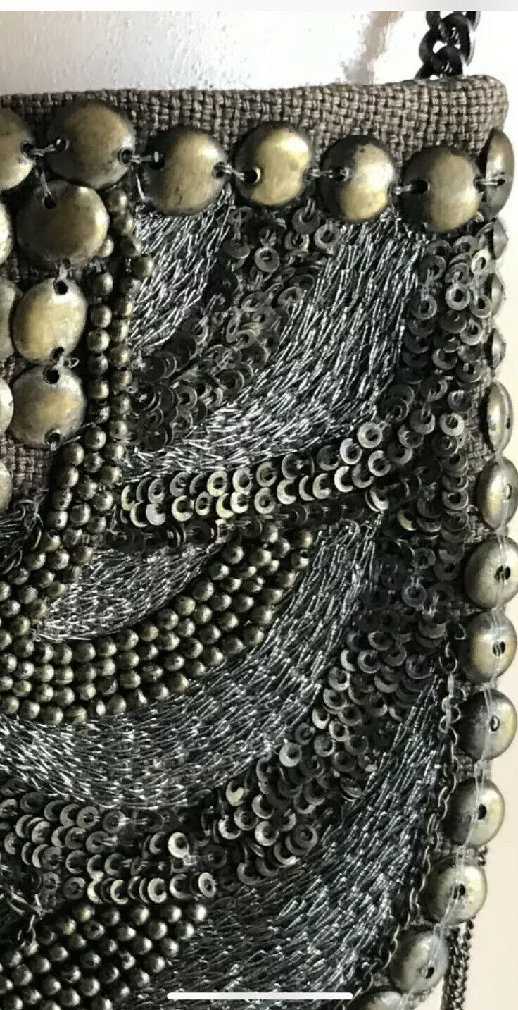 SPORTSGIRL Bag Cross Body Small Purse Brass Bronze Silver Sequin & Bead on Chain