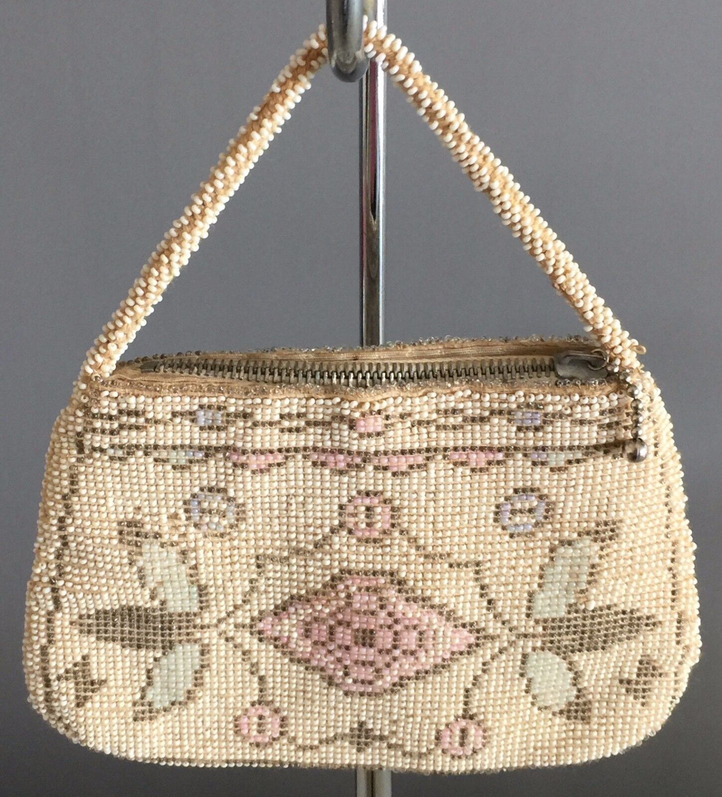 Vintage Evening Bag Bead HandBag Purse Czechoslovakia Beige White Pink Pewter