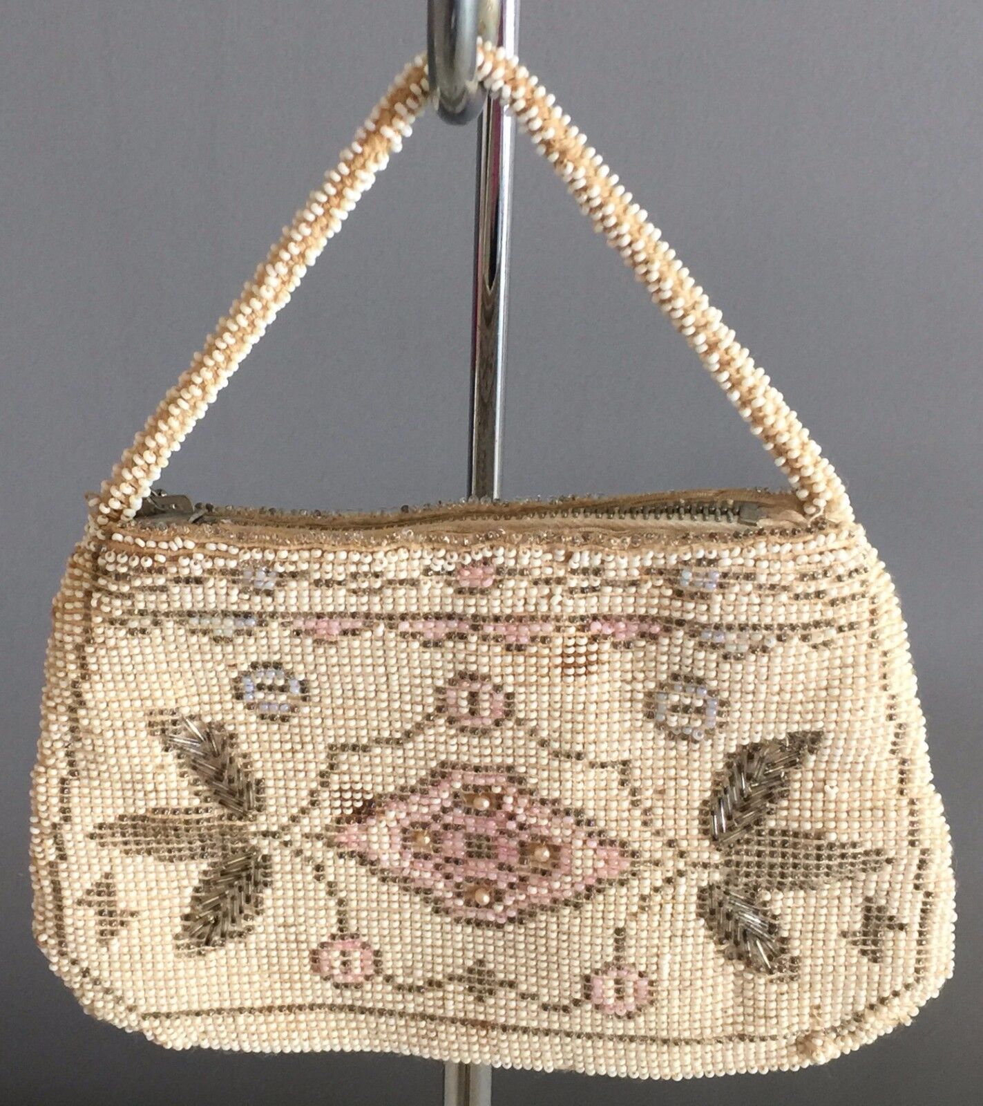Vintage Evening Bag Bead HandBag Purse Czechoslovakia Beige White Pink Pewter